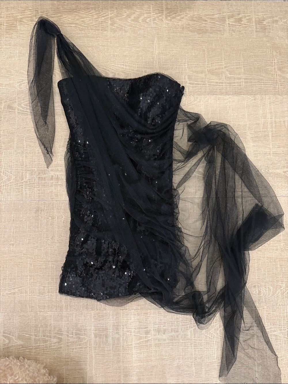 bebe Black One-Shoulder Sequin Cocktail Dress with Draped Tulle